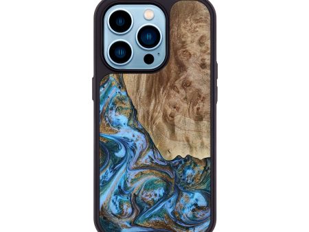 iPhone 14 Pro Wood+Resin Phone Case - Alaia (Teal & Gold, 654554) Discount