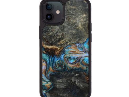 iPhone 12 Wood+Resin Phone Case - Carlos (Teal & Gold, 650769) Sale