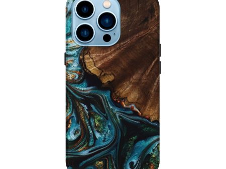 iPhone 14 Pro Wood+Resin Live Edge Phone Case - Naomi (Teal & Gold, 653978) Online Sale