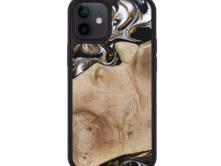 iPhone 12 Wood+Resin Phone Case - Alisa (Black & White, 651302) For Sale